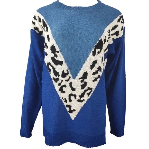 Blue Leopard V- Two Tone Knit Sweater - Picture 2 of 4